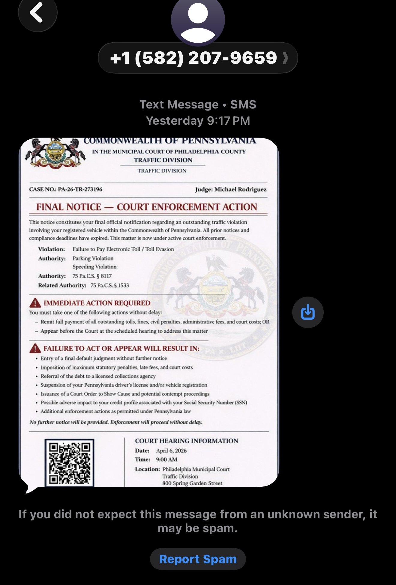 펜실베이니아 법원 사칭 문자 주의보, “최종 통지·법원 강제집행” 문구에 속으면 안 되는 이유